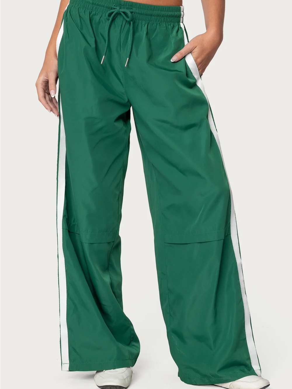 Women's Green Wide-Leg Track Pants with White Side Stripe - Edikted size M